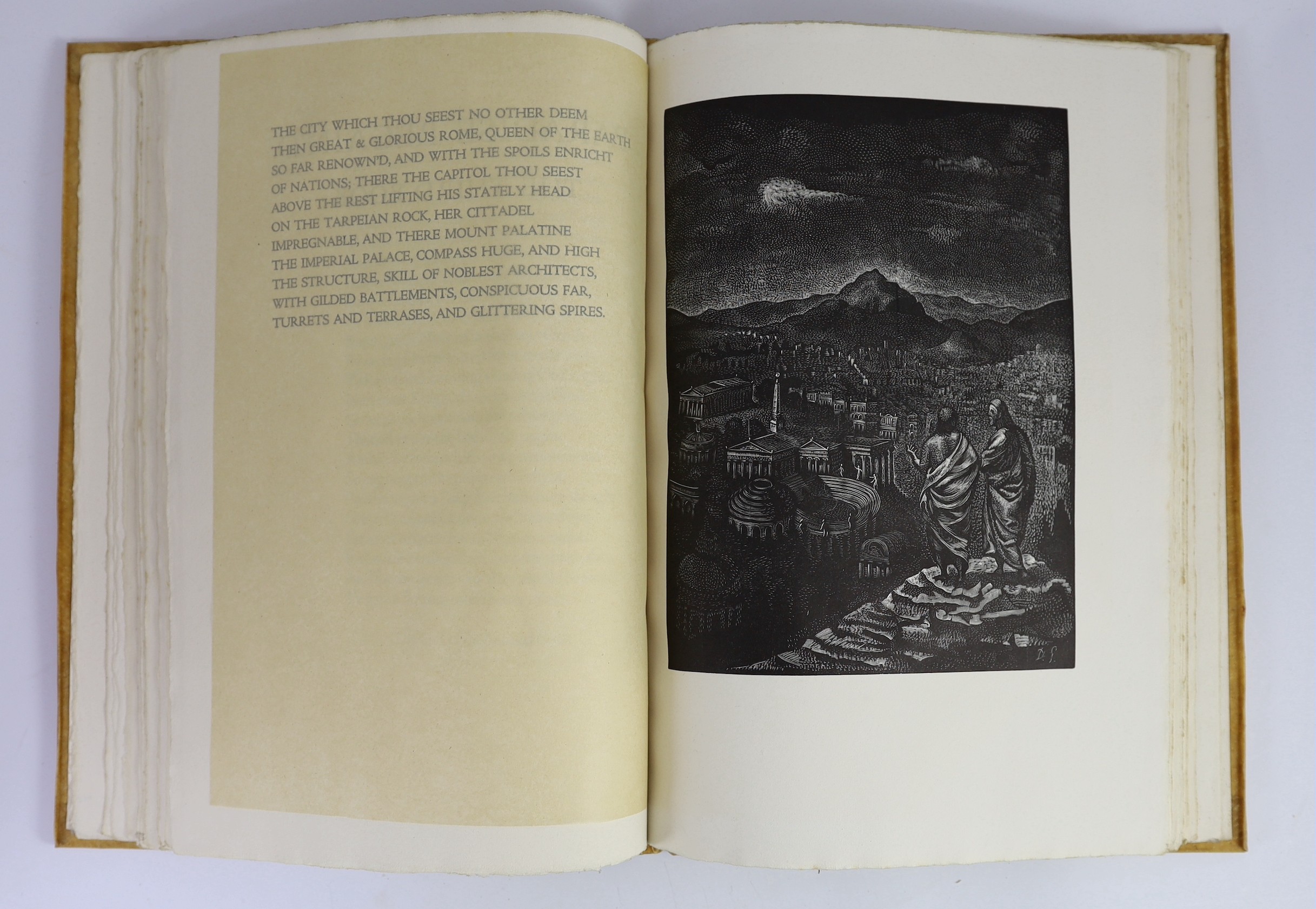 Cresset Press - London - Milton, John - Paradise Lost; Paradise Regain’d, one of 195, 2 vols, 4to, pigskin binding stamped - ‘’Wood of London’’, (Henry T. Wood, established 1875), illustrated with wood-engravings by Deme